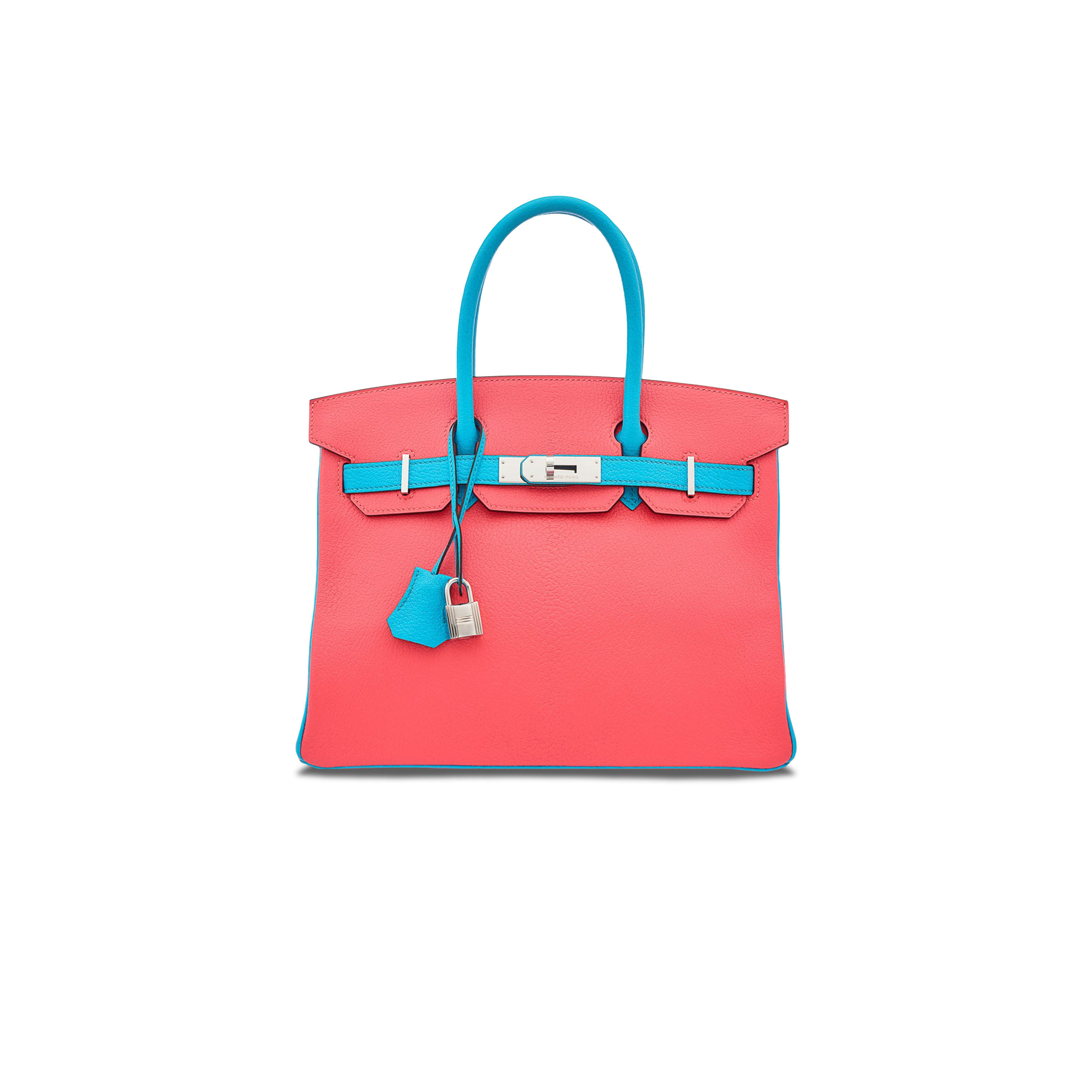 HERMES BIRKIN 30 EPSOM LIPSTICK PINK AND MACAROON BLUE SILVER BUCKLE H028369CK20 (30*23*15cm)